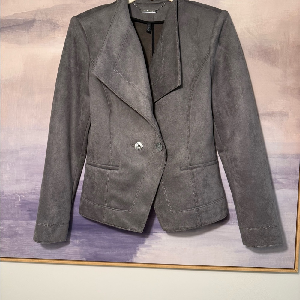 Women's Gray Suede-Look Double-Breasted Blazer Jacket